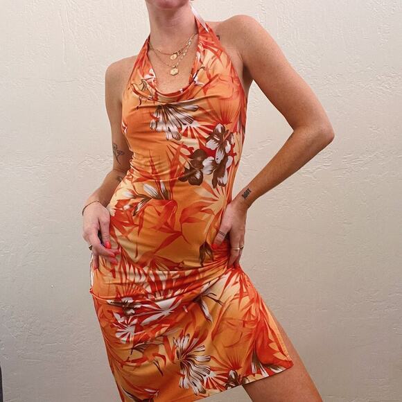 Vintage Dresses & Skirts - Vintage Y2K Orange Hawaiian Flower Cowl Neck Halter Slip Dress